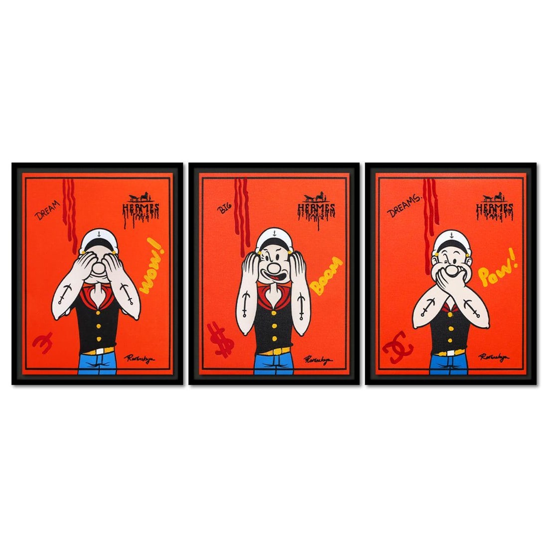 Nastya Rovenskaya- Original Mixed Media on Canvas (Triptych) "Three Wise Sailors": Artist: Nastya Rovenskaya. Medium: Original Mixed Media on Canvas (Triptych). Title: Three Wise Sailors. Size: 16" x 12". Measures approx. 18" x 13" (framed). Signature: Hand signed by the artist. Cer