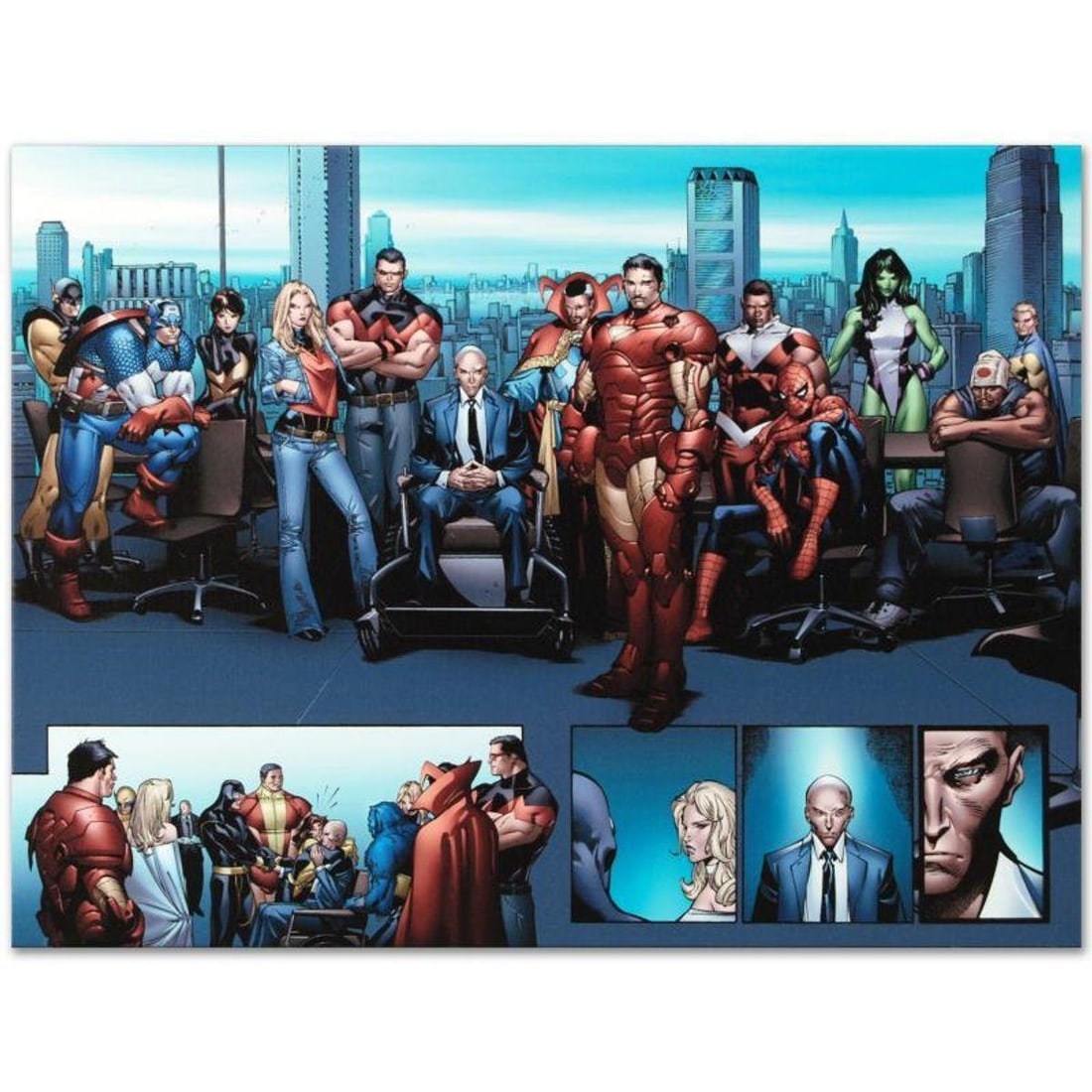 Marvel Comics "House of M MGC #1" Numbered Limited Edition Giclee on Canvas by Oliver Coipel with: A piece of comic book history, this limited edition, from original art by Oliver Coipel, depicts Captain America, Carol Danvers, Wonder Man, Professor X, Iron Man, Spider-Man, Falcon and She Hulk. Oli