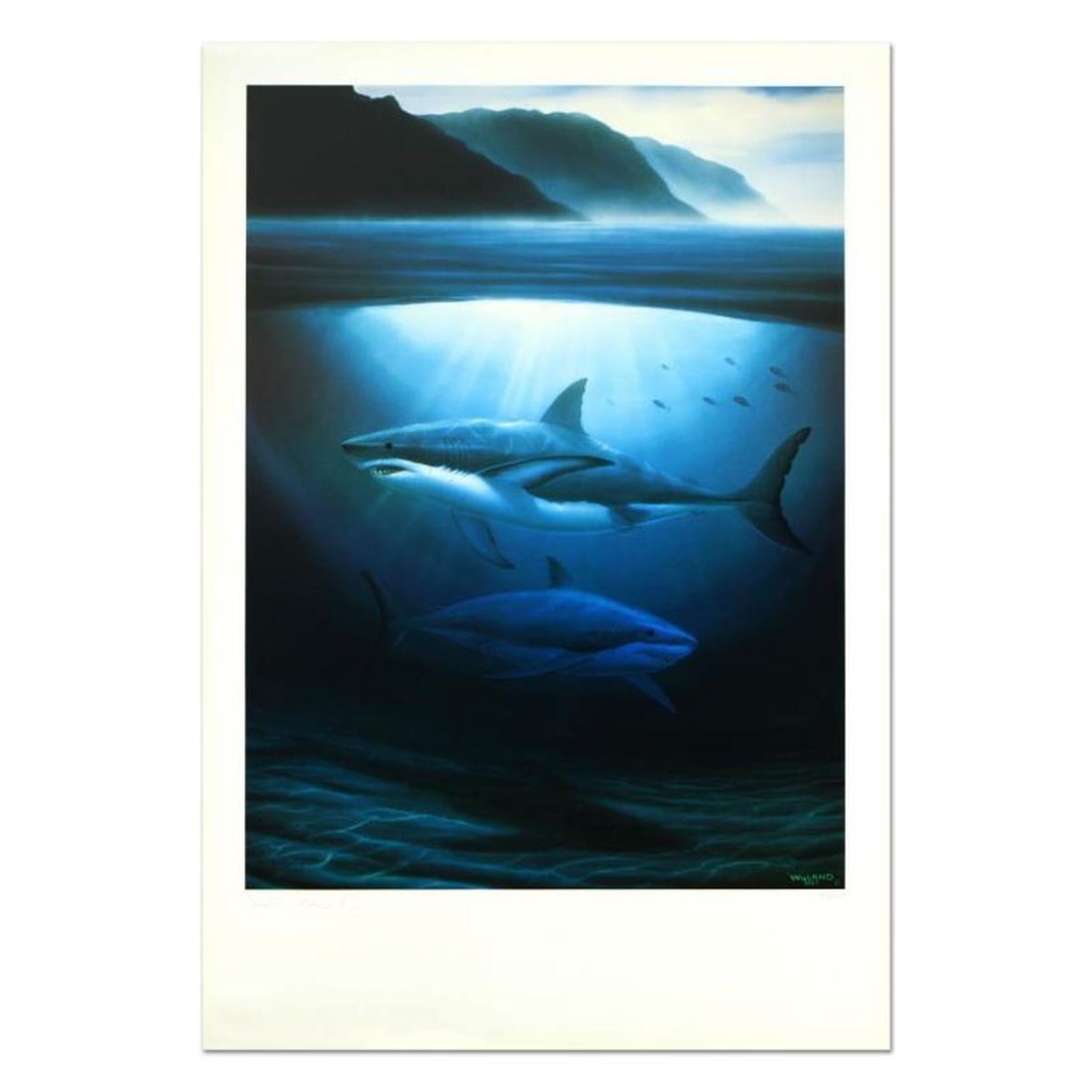 Wyland, "Great White Sharks" Limited Edition Lithograph, Numbered and Hand Signed with Letter of: Great White Sharks is a limited edition lithograph on paper by Wyland, hand signed by the artist. Includes Letter of Authenticity. Measure approx. 35" x 24" (border), 27.5" x 20.5" (image). Reference#