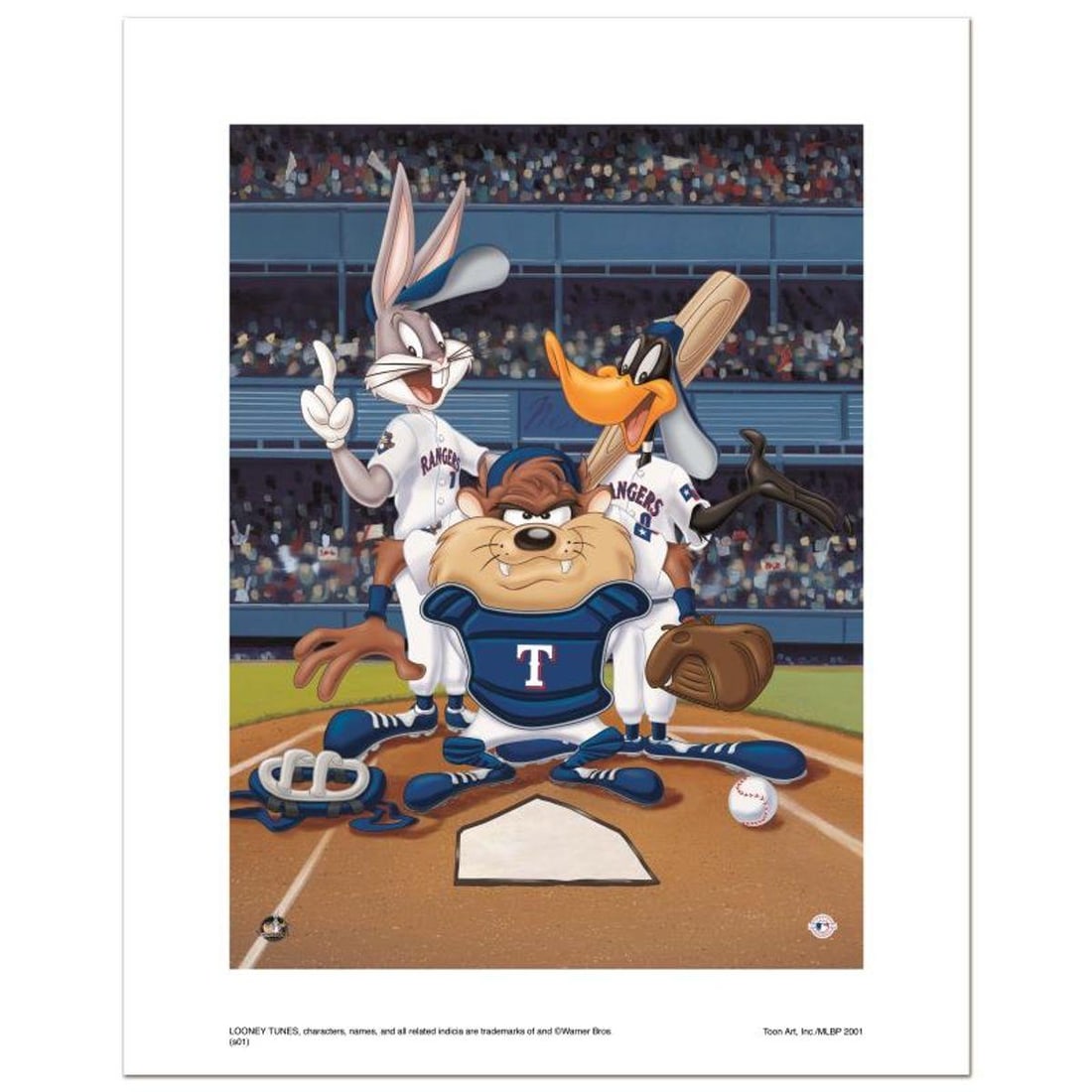 At the Plate (Rangers) Numbered Limited Edition Giclee from Warner Bros. with Certificate of: At the Plate (Rangers) is a limited edition giclee on paper from Warner Bros. featuring iconic Looney Tunes characters in Texas Rangers MLB uniforms. It comes numbered, with hologram seal, and a Certi