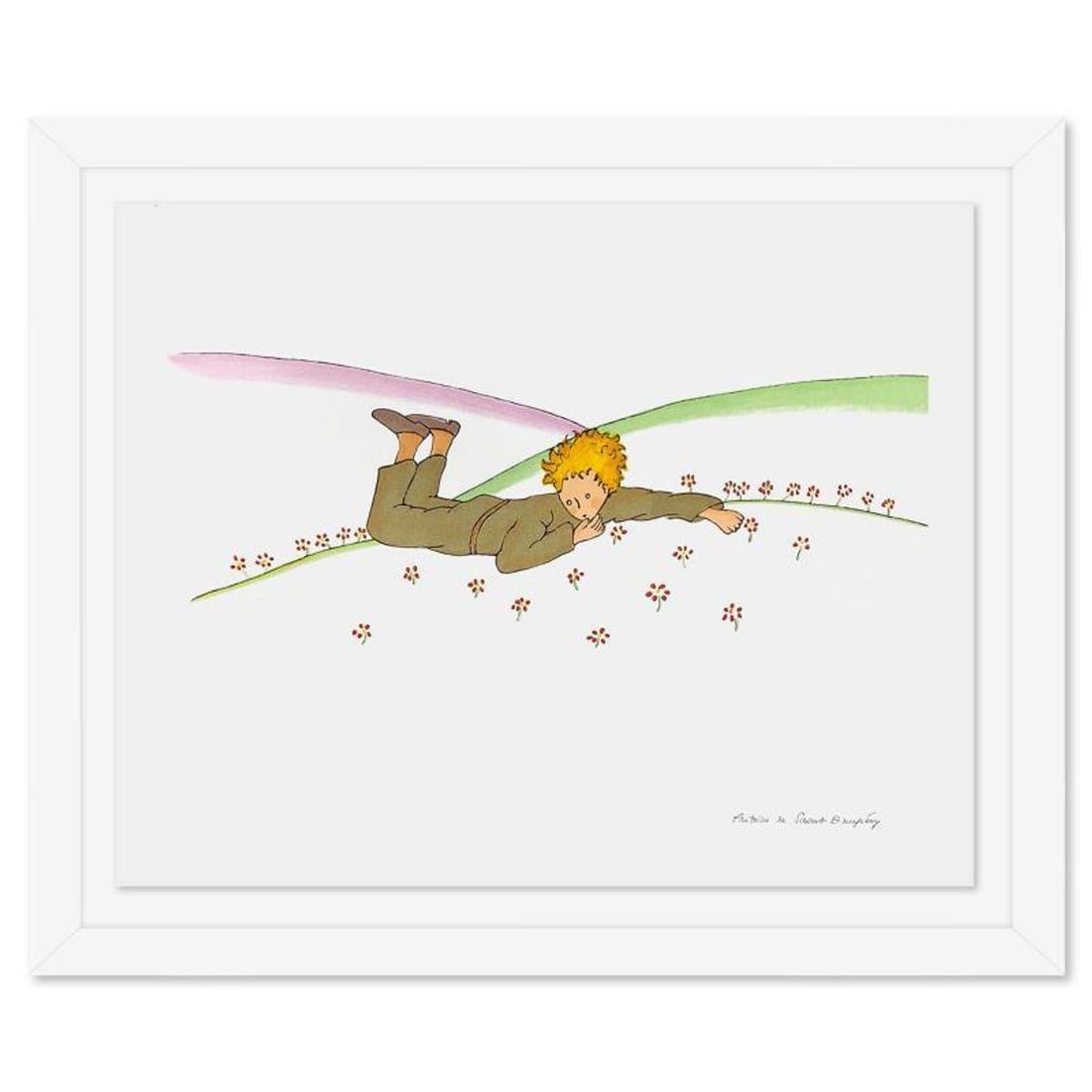 Antoine de Saint-Exupery 1900-1944 (After), "The Little Prince Lying On The Grass" Framed Limited: The Little Prince Lying On The Grass is a limited edition lithograph by Antoine de Saint-Exupery (1900-1944), bearing the plate signature of the artist. This piece comes from an edition of 300 authori