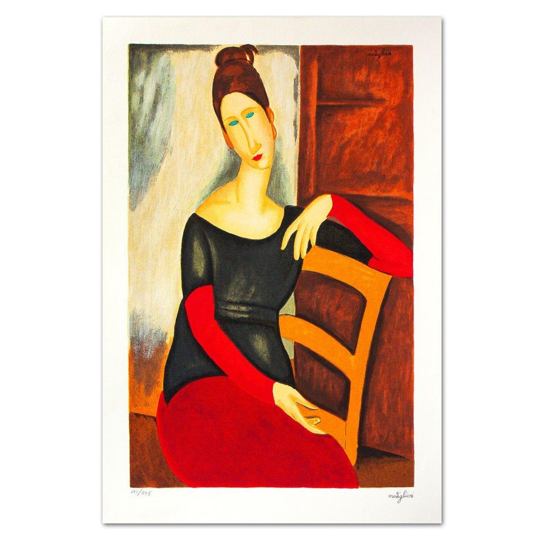 Amedeo Modigliani- Serigraph "Jeanne Hebuterne": Artist: Amedeo Modigliani. Medium: Serigraph. Title: Jeanne Hebuterne. Size: 20.5" x 13.5". Signature: Stamp signed and numbered. Certificate of Authenticity: Is included. Additional: Printed By the A