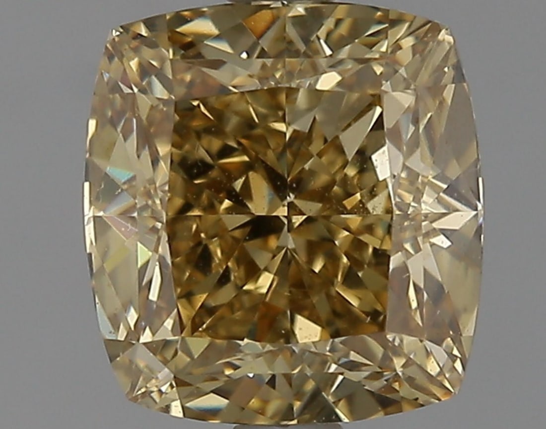 Natural 2.2 ct, Color Fancy Deep Brownish Yellow/VVS2 GIA Graded Diamond: Lab/Natural Diamond: Natural Carat Weight: 2.2 Color Grade: Fancy Deep Brownish Yellow Clarity Grade: VVS2 Model: Cushion Modified Brilliant Fluorescence: Faint Polish: Very Good Symmetry: Very Good S