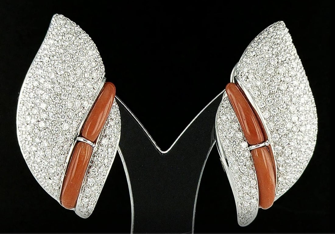18kt White Gold 1.85ctw Diamond Earrings: One pair of 18k white gold earrings (750 stamped), each set with coral and natural diamonds. Jewelry Weight: 22.05Grs Total Diamonds Weight: 1.85Cts Main Stones Description: Cut and shape: Round Brill