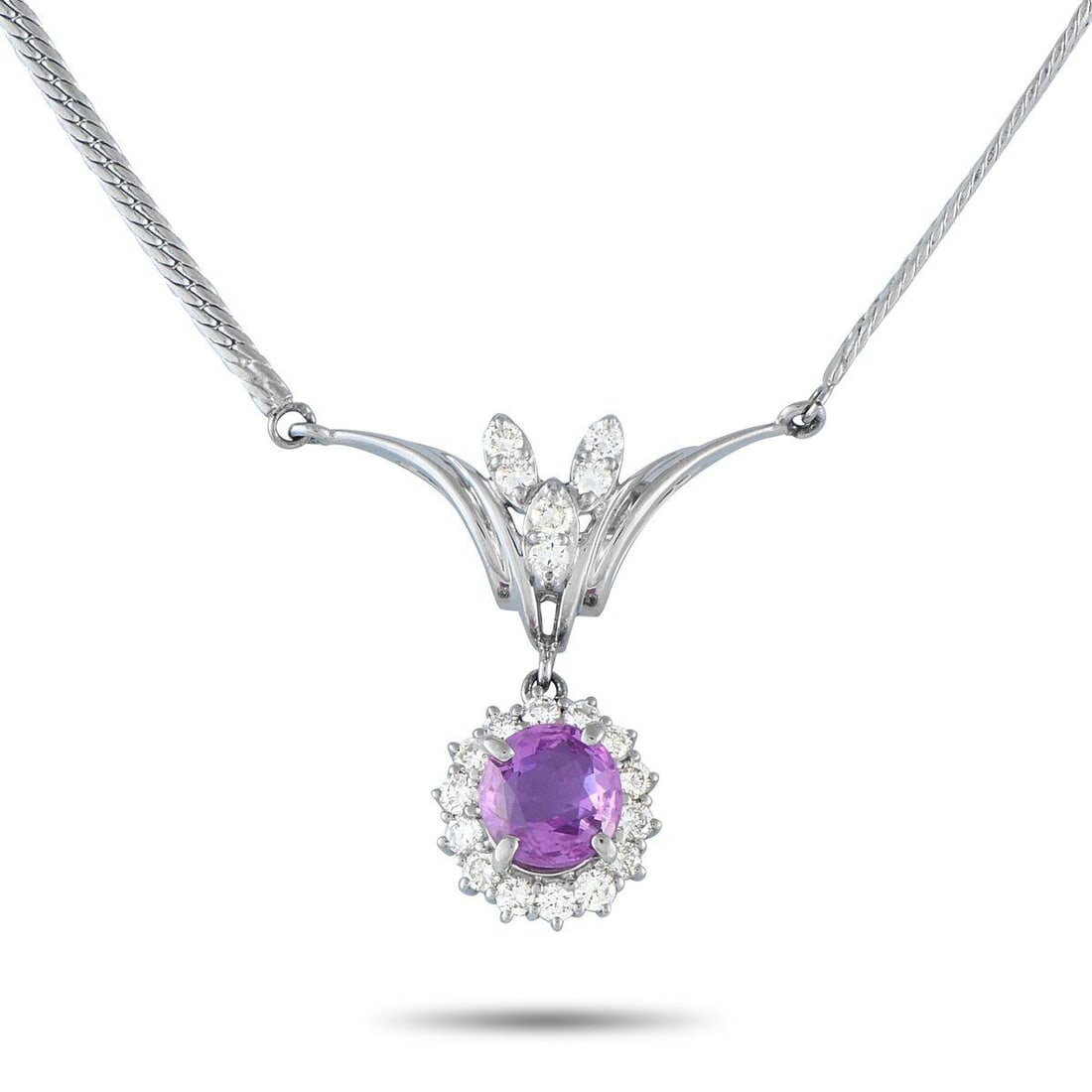 18K WHITE GOLD 0.64CT DIAMOND AND SAPPHIRE NECKLACE: This necklace is nothing short of breathtaking. At the center of the 15 snake chain, a delicate Platinum pendant serves as a stunning focal point. A 1.86 carat pink Sapphire makes a statement at the c