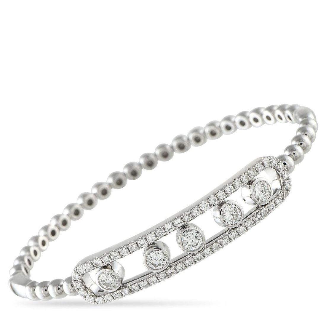 14K WHITE GOLD 2.10CT DIAMOND BRACELET: This 14K white gold bracelet brings a contemporary spin to the classic rigid bangle silhouette. It features a beaded white gold frame for texture and presence, detailed with an elongated track in