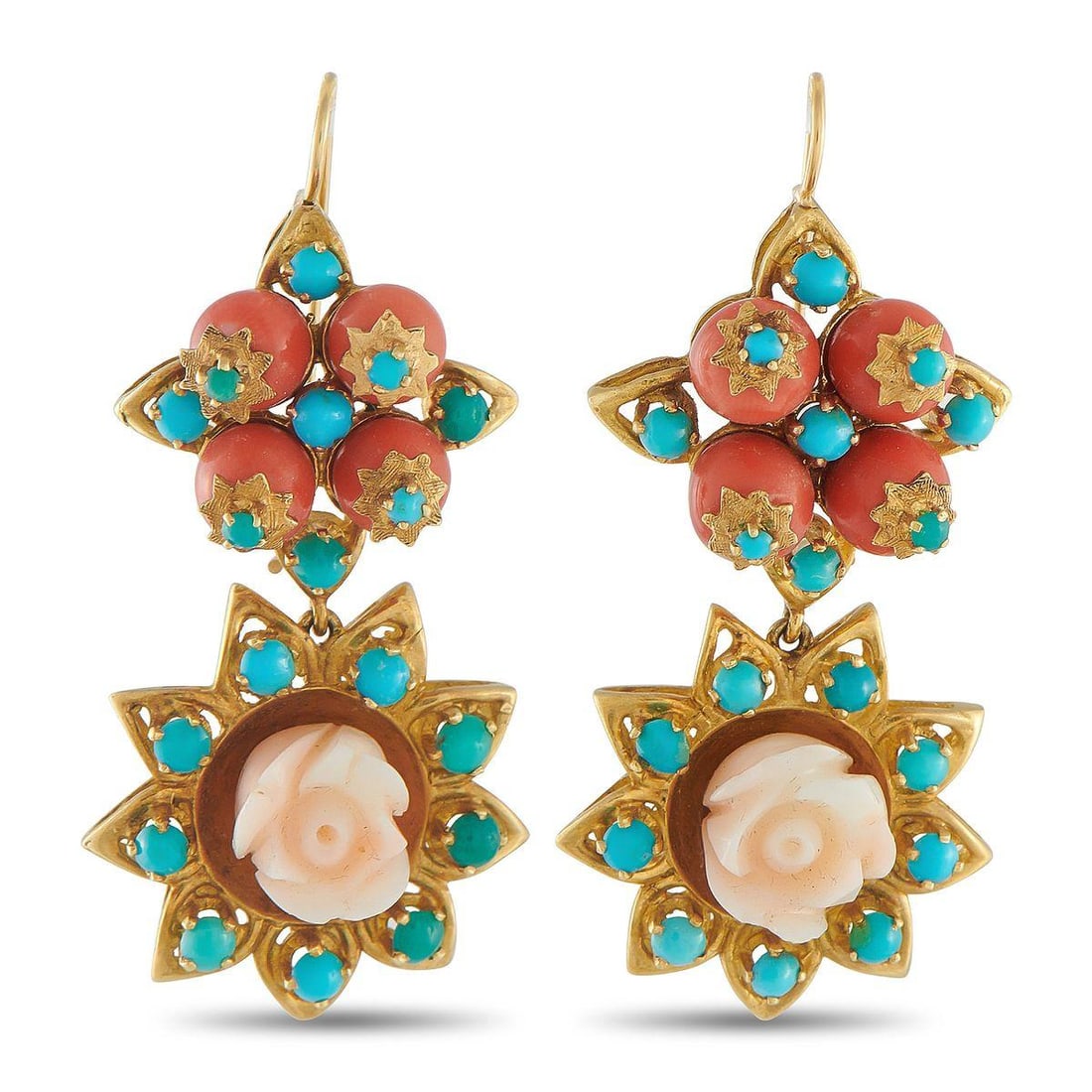 18K YELLOW GOLD CORAL AND TURQUOISE EARRINGS: Vibrant colors and timeless floral motifs make these earrings an exquisite addition to any ensemble. Bold and breathtaking, Coral and Turquoise stones are thoughtfully arranged to create a dynamic des