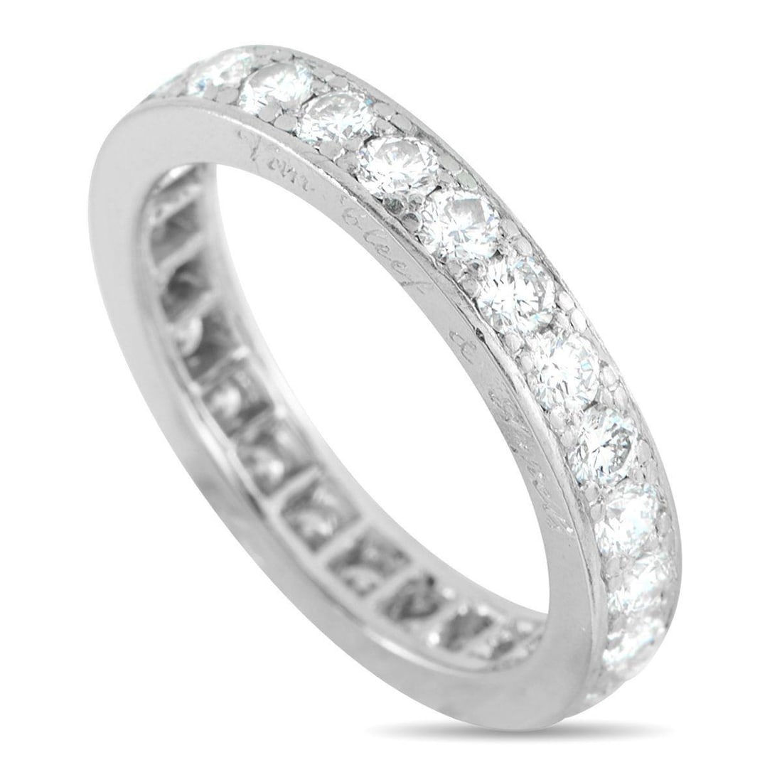 VAN CLEEF & ARPELS PLATINUM 0.88CT DIAMOND ETERNITY BAND RING: This Van Cleef & Arpels Eternity Band exudes timeless luxury. At the center of the sleek Platinum setting, a series of sparkling Diamonds totaling 0.88 carats accent the entire perimeter of the design