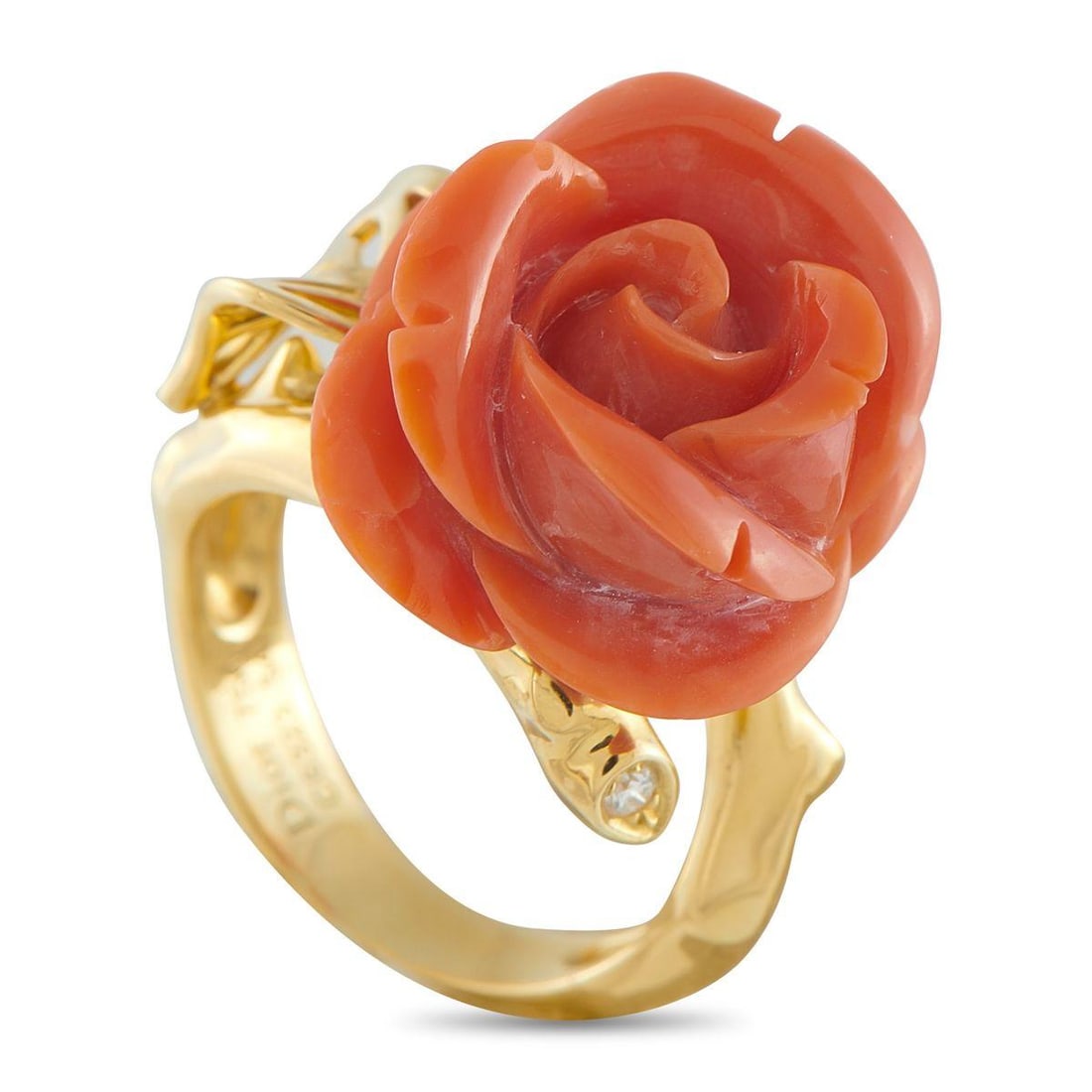 CHRISTIAN DIOR PR CATELAN 18K YELLOW GOLD CORAL ROSE RING: This Dior Pr Catelan ring is designed to look like a rose freshly plucked from a garden. Sophisticated and incredibly charming, the detailed Coral center stone depicts a stylish floral motif. Set in 1