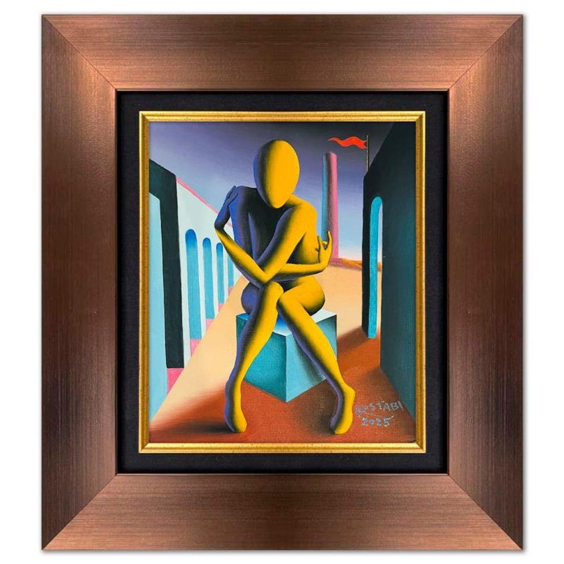 Mark Kostabi, "Mystique of the Self Discovery" Framed Original Oil Painting on Canvas, Hand Signed: Mystique of the Self Discovery is an original oil painting on canvas by Mark Kostabi, hand signed by the artist. This piece comes custom framed. Includes Certificate of Authenticity. Measures approx.