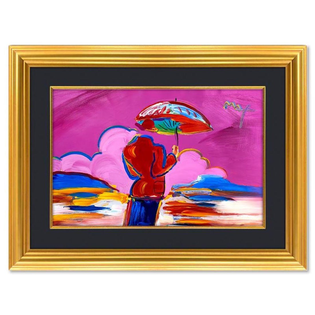 Peter Max, "Umbrella Man at Sea" Framed One-of-a-Kind Mixed Media, Hand Signed with Registration (1 of 2)