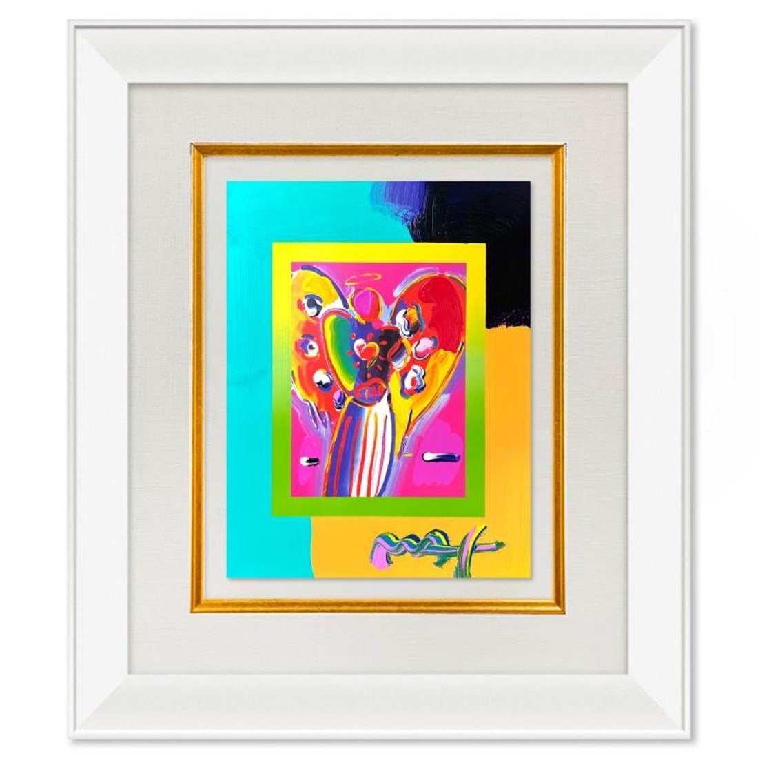 Peter Max, "Angel with Heart" Framed One-of-a-Kind Acrylic Mixed Media, Hand Signed with: Angel with Heart is a hand signed one-of-a-kind acrylic mixed media on paper by Peter Max. The piece comes custom framed with a backside cutout to display Peter Max Studio registration number 268687 c