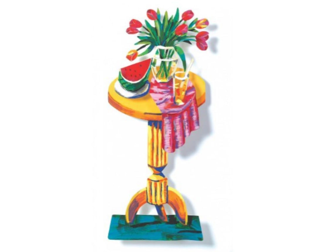 David Gerstein- Mixed Media Cutout Aluminum "Table with Watermelon": Artist: David Gerstein. Medium: Mixed Media Cutout Aluminum. Title: Table with Watermelon. Size: 20" x 47". Signature: Signed and numbered. Certificate of Authenticity: Is included. Additional: Series