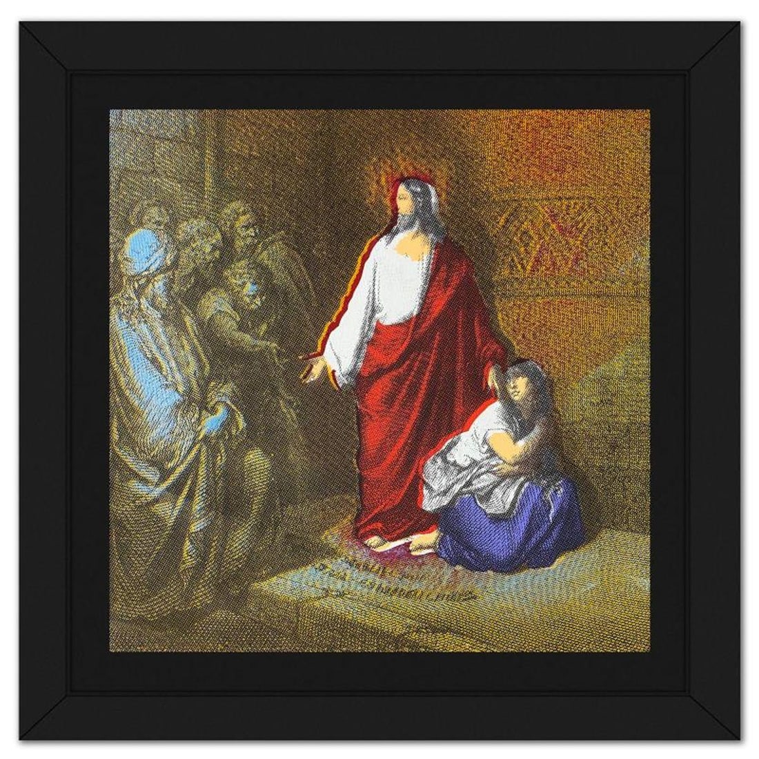 Steve Kaufman (1960-2010), "The Story of Mary Magadalena" Framed Hand Embellished Limited Edition: The Story of Mary Magadalena is a hand embellished limited edition silkscreen on canvas by Andy Warhol protege, Steve Kaufman (1960-2010), numbered AP 20/50 inverso and hand signed by the artist. This