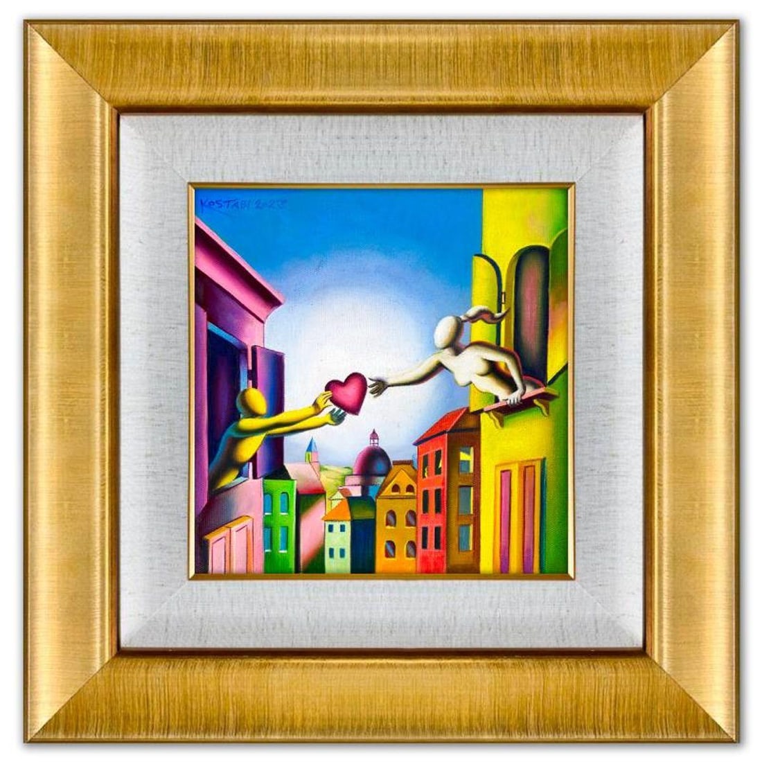 Mark Kostabi, "Trancendent Devotion" Framed Original Oil Painting on Canvas, Hand Signed with a: Trancendent Devotion is an original oil painting on canvas by Mark Kostabi, hand signed by the artist. This piece comes custom framed. Includes Certificate of Authenticity. Measures approx. 22" x 22"