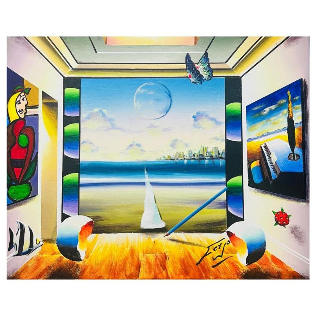 Ferjo, "Dali & Picasso Enjoy City Views" Hand Signed Original Painting on Canvas with Letter of: Dali & Picasso Enjoy City Views is an original painting, oil on stretched canvas, by Ferjo. Hand signed by the artist, this piece comes with a letter of authenticity. Measures approximately 16" x 20"