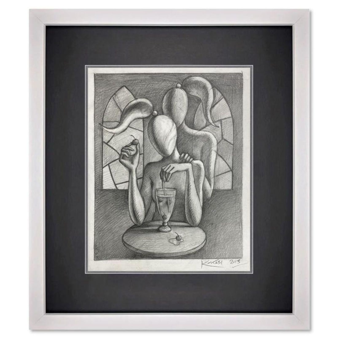Mark Kostabi, "Refraction Action" Framed Original Drawing on Paper, Hand Signed with Certificate of: Refraction Action is an original drawing on paper by Mark Kostabi, hand signed by the artist. This piece comes custom framed. Includes Certificate of Authenticity. Measures approx. 18" x 15" (frame),