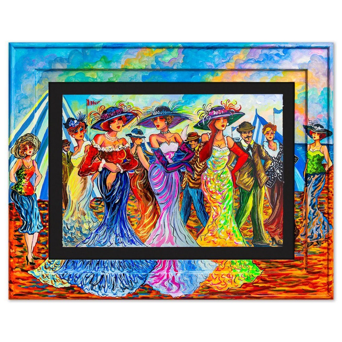 Patricia Govezensky- Original Watercolor with Hand Painted Frame "Riviera Parade" (1 of 3)