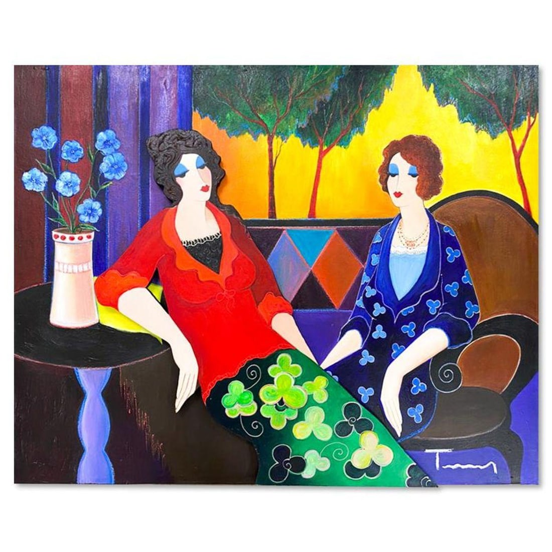 Itzchak Tarkay (1935-2012), One-of-a-Kind 3-Dimensional Mixed Media Over Paint on Wood, Hand Signed: This is a one-of-a-kind 3-dimensional mixed media over paint on wood by Itzchak Tarkay (1935-2012), hand signed by the artist. Includes Letter of Authenticity. Measures approx. 32" x 40" (image); 2" (