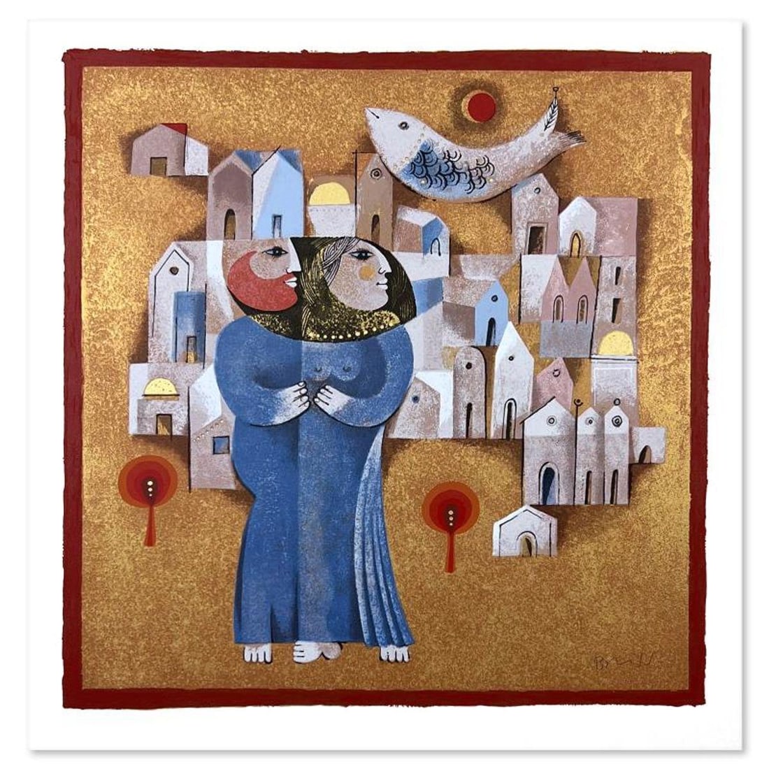 Samy Briss, "Les Amoureux du Village" Limited Edition Serigraph, Hand Signed and Numbered with: Les Amoureux du Village is a limited edition serigraph on paper by Samy Briss. The piece comes hand signed by the artist, numbered, and with a letter of authenticity. Measures approximately 16" x 16".