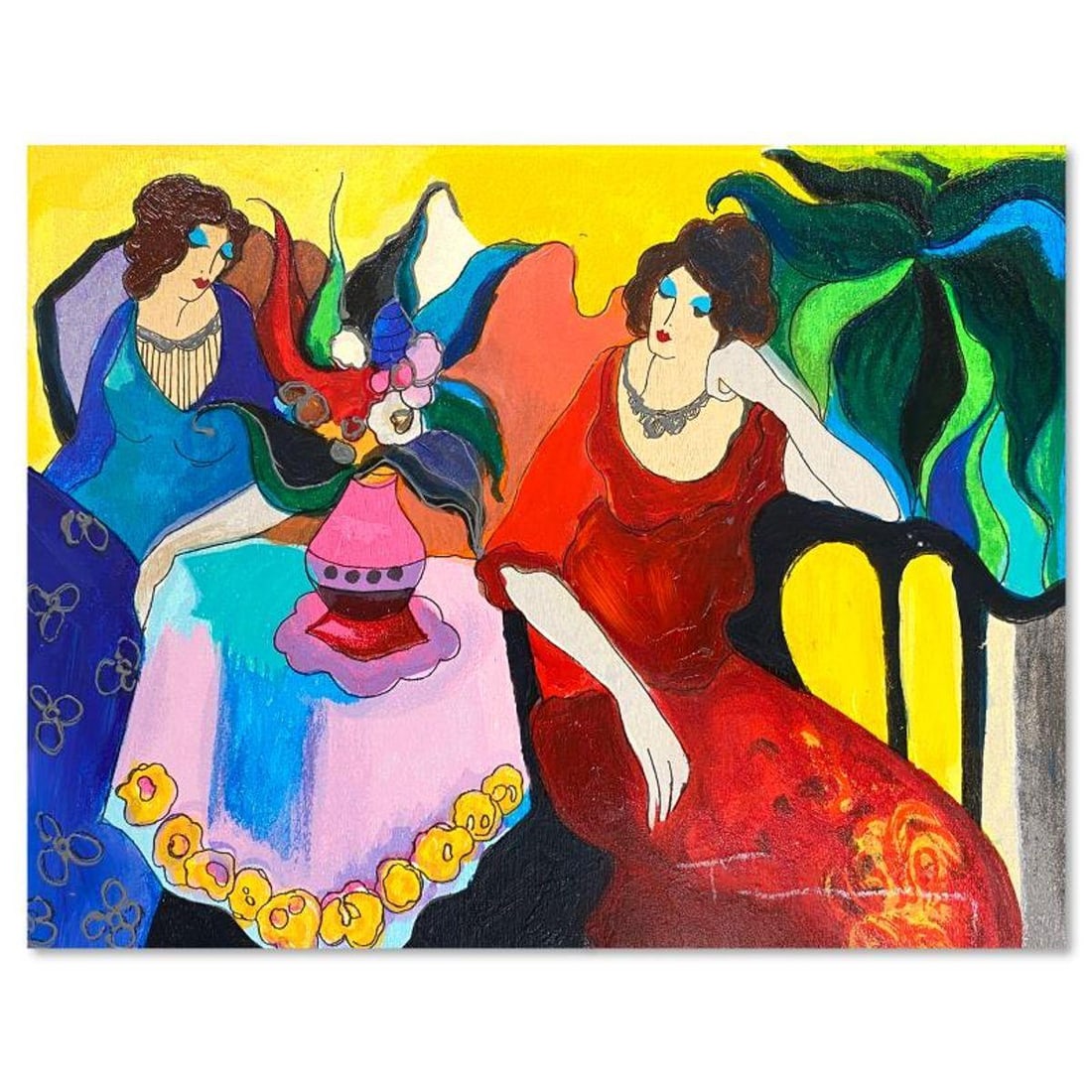 Itzchak Tarkay (1935-2012), "Tranquility" One-of-a-Kind Mixed Media Over Paint on Wood, Hand Signed: Tranquility is a one-of-a-kind mixed media over paint on wood by Itzchak Tarkay (1935-2012), hand signed by the artist. Includes Letter of Authenticity. Measures approx. 9" x 11.5" (image).