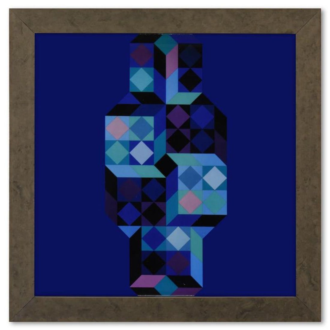 Victor Vasarely (1908-1997), "Tridim - G de la serie Hommage A L'Hexagone" Framed 1971 Heliogravure: Tridim - G de la serie Hommage A L'Hexagone is a heliogravure print on paper, published in 1971, by Victor Vasarely (1908-1997). This piece comes custom framed, with a letter of authenticity and with