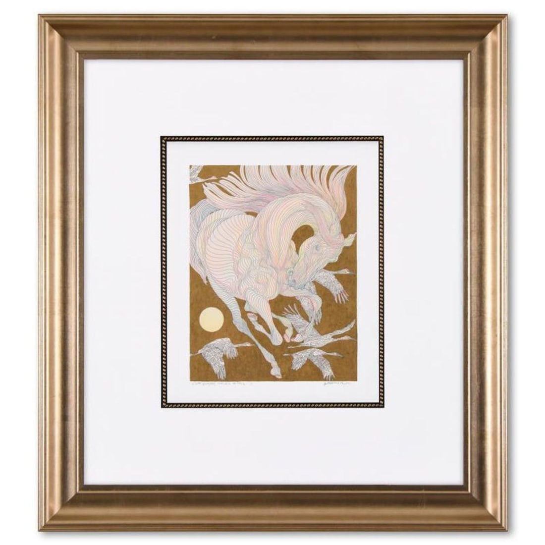 Guillaume Azoulay, "Etude Quatre Grues" Framed Original Hand Colored Drawing with Hand Laid Gold (1 of 3)