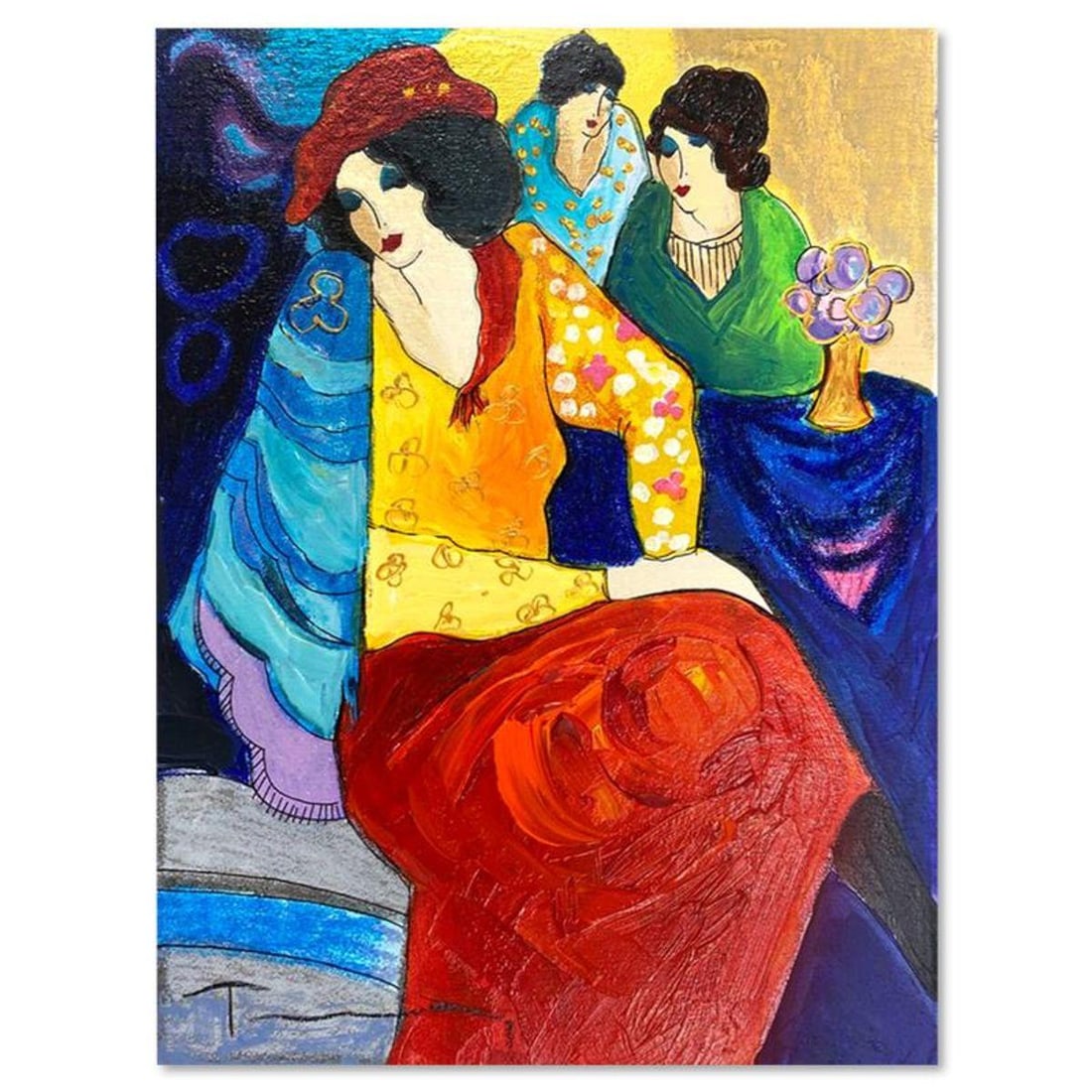 Itzchak Tarkay (1935-2012), "Blue Mood" One-of-a-Kind Mixed Media Over Paint on Wood, Hand Signed: Blue Mood is a one-of-a-kind mixed media over paint on wood by Itzchak Tarkay (1935-2012), hand signed by the artist. Includes Letter of Authenticity. Measures approx. 11" x 8" (image).