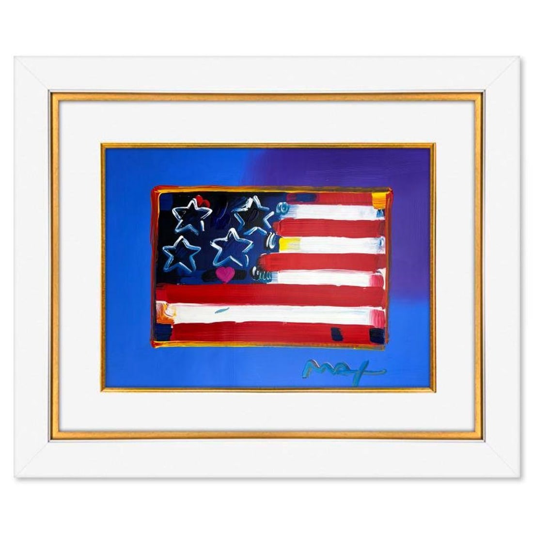 Peter Max, "Flag" Framed One-of-a-Kind Mixed Media, Hand Signed with Registration Number Certifying: Flag is a one-of-a-kind mixed media on paper, hand signed by Peter Max. The piece comes custom framed with a backside cutout to display Peter Max Studio registration number 207548 certifying authentic