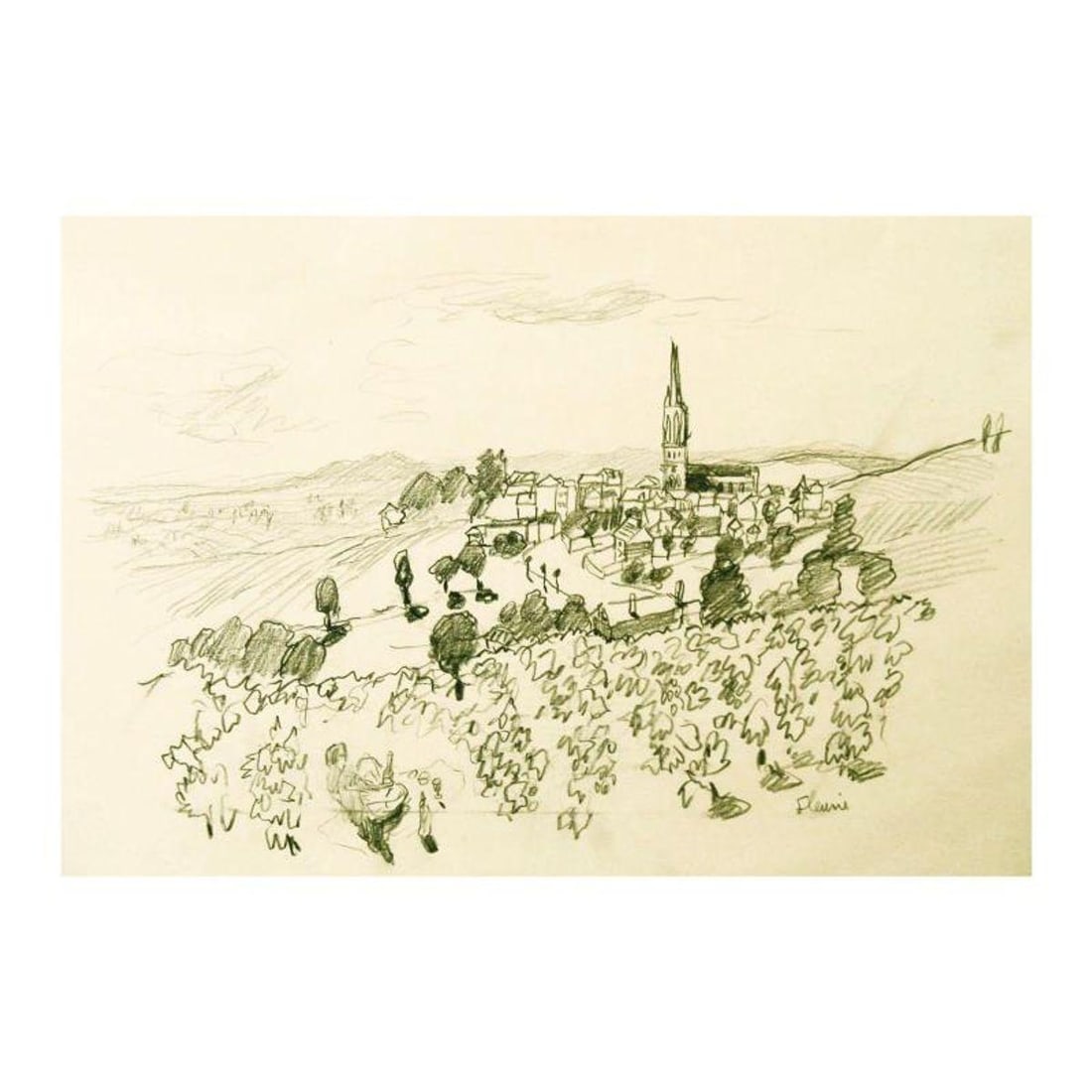 Wayne Ensrud, "Fleurie in Beaujolais, France" Pencil Original Artwork; Hand Signed; COA: Fleurie in Beaujolais, France is an original Pencil on Paper by Wayne Ensrud. The piece is hand signed by the artist and comes with a Certificate of Authenticity. Measures approximately 15" x 18".