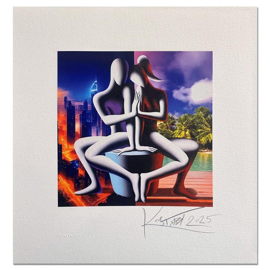 Mark Kostabi, "Du Mondi Un Destino" Hand Signed Limited Edition Serigraph with Certificate of: Du Mondi Un Destino, is a limited edition serigraph on paper by Mark Kostabi. The piece is hand signed and numbered and comes with a certificate of authenticity. Measures approximately 20" x 19" (with