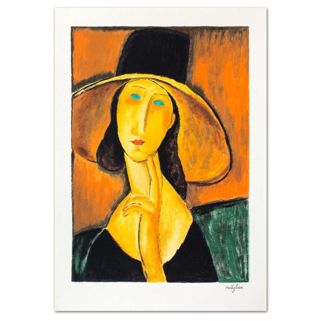 Amedeo Modigliani (1884-1920), "Protrait Of A Woman With Hat" Limited Edition Serigraph with Letter: Protrait Of A Woman With Hat is a limited edition serigraph on paper by Amedeo Modigliani. The piece is plate signed and comes with a letter of authenticity. Measures approximately 16.5" x 11.5" (imag