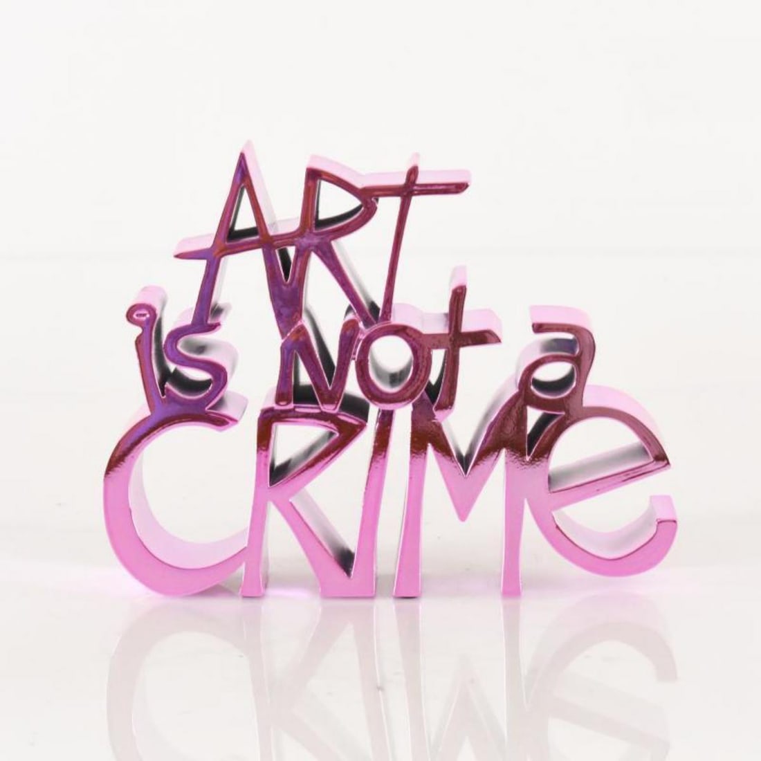 Mr. Brainwash- Resin Sculpture "Art Is Not a Crime (Chrome Pink)": Artist: Mr. Brainwash. Medium: Resin Sculpture. Title: Art Is Not a Crime (Chrome Pink). Size: 8" x 6.5". Signature: Hand Signed and Numbered by the artist. Certificate of Authenticity: Is included. A