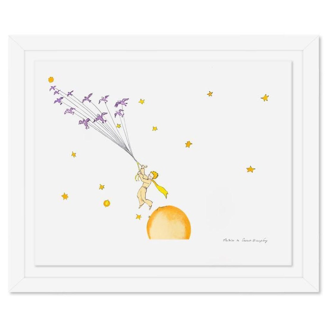 Antoine de Saint-Exupery 1900-1944 (After), "The Little Prince Flying Away" Framed Limited Edition: The Little Prince Flying Away is a limited edition lithograph by Antoine de Saint-Exupery (1900-1944), bearing the plate signature of the artist. This piece comes from an edition of 300 authorized by