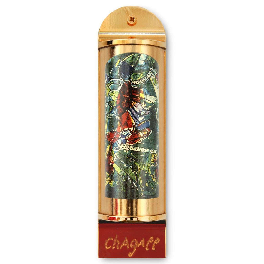 Marc Chagall- Mezuzah/ Silkscreen on 24K gold plated bronze "Gad": Artist: Marc Chagall. Medium: Mezuzah/ Silkscreen on 24K gold plated bronze. Title: Gad. Size: 5.1" x 1.4". Certificate of Authenticity: Is included. Additional: Limited edition of 1800. Full color si