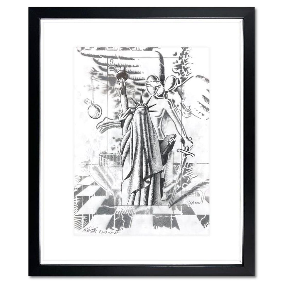 Mark Kostabi, "Conflicting Ideologies" Framed Original Drawing on Paper, Hand Signed with: Conflicting Ideologies is an original drawing on paper by Mark Kostabi, hand signed by the artist. This piece is dated 2004-2022, which refers to the start and completion dates for the piece. This pie