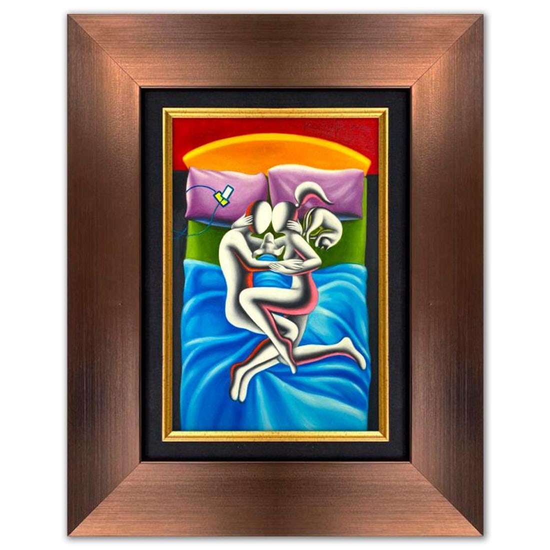 Mark Kostabi, "Domestic Bliss" Framed Original Oil Painting on Canvas, Hand Signed with a: Domestic Bliss is an original oil painting on canvas by Mark Kostabi, hand signed by the artist. This piece comes custom framed. Includes Certificate of Authenticity. Measures approx. 23.5" x 20" (fra