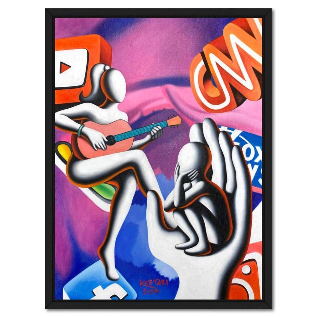 Mark Kostabi, "Guardianship in the Digital Age" Framed Original Oil Painting on Canvas, Hand Signed: Guardianship in the Digital Ageis an original oil painting on canvas by Mark Kostabi, hand signed by the artist. This piece comes custom framed. Includes Certificate of Authenticity. Measures approx.