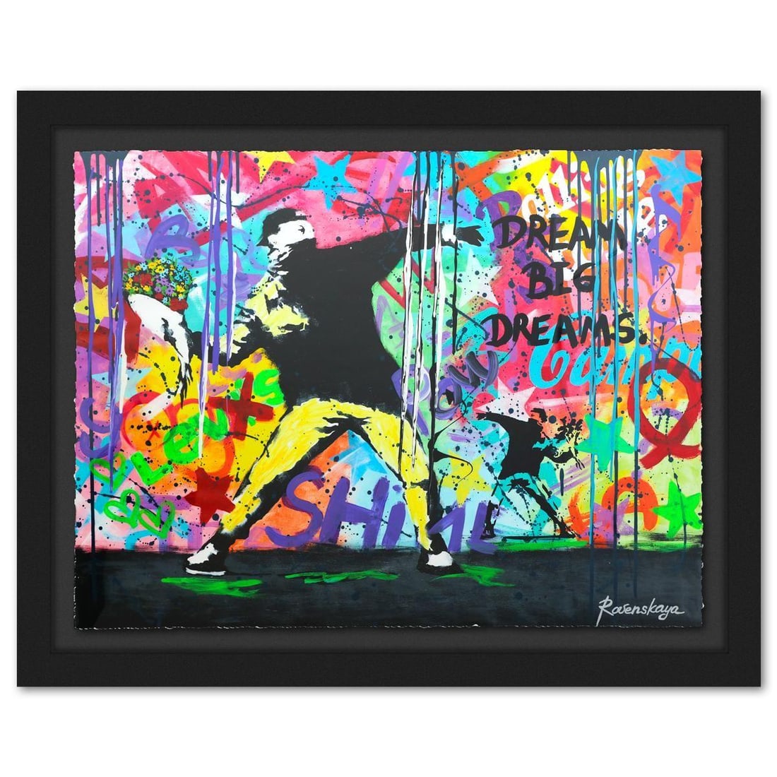 Nastya Rovenskaya- Original Mixed Media on Deckle Edge Paper "Throwing Flowers": Artist: Nastya Rovenskaya. Medium: Original Mixed Media on Deckle Edge Paper. Title: Throwing Flowers. Size: 38" x 50". Measures approx. 48" x 60" (framed). Signature: Hand Signed by the artist. Certi