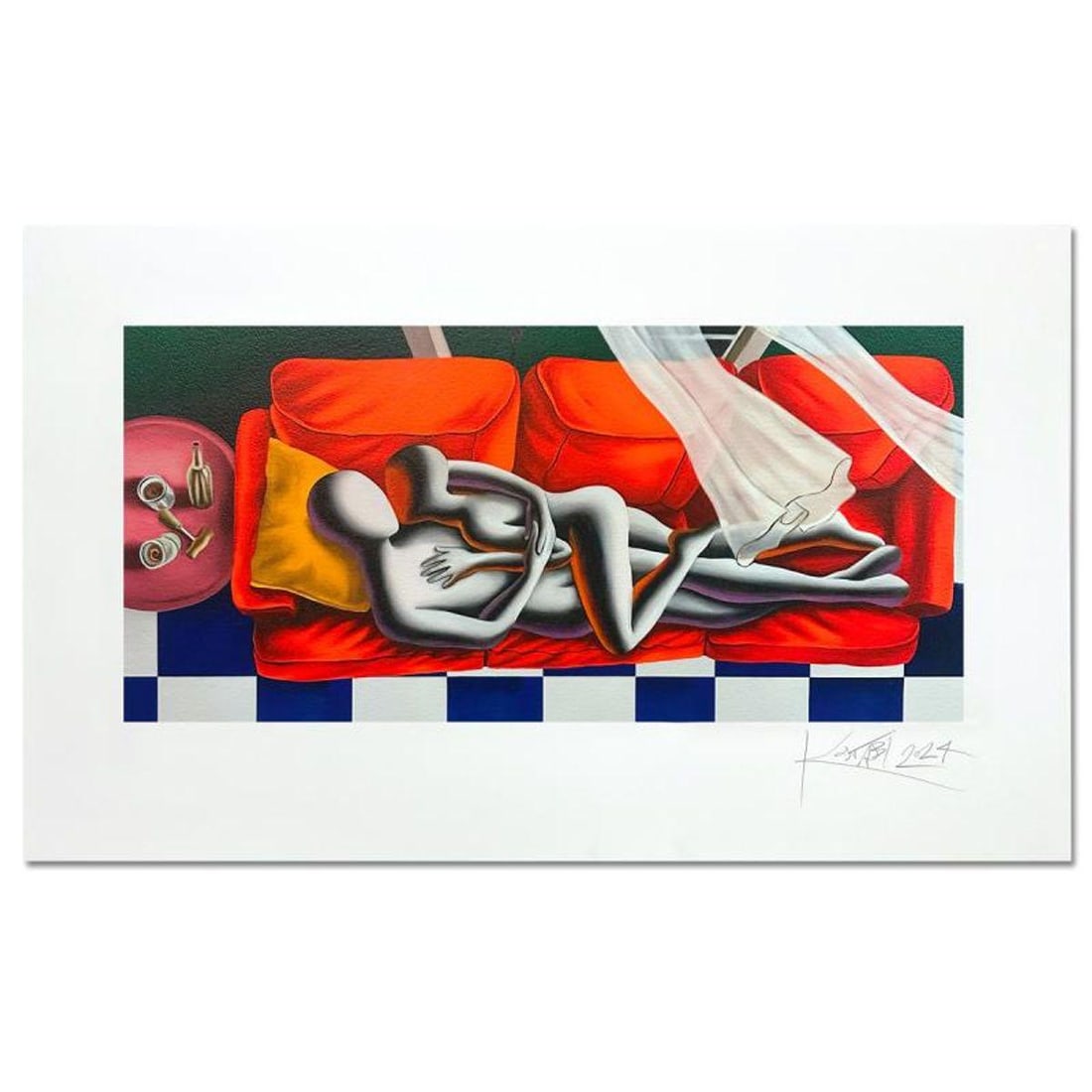 Mark Kostabi, "Endless Love" Hand Signed Limited Edition Serigraph with Certificate of Authenticity.: Endless Love is a limited edition serigraph on paper, numbered and hand signed by Mark Kostabi. Includes Certificate of Authenticity. Measures approx. 21.5" x 35.5" (border), 13.5" x 28.5" (image). Re