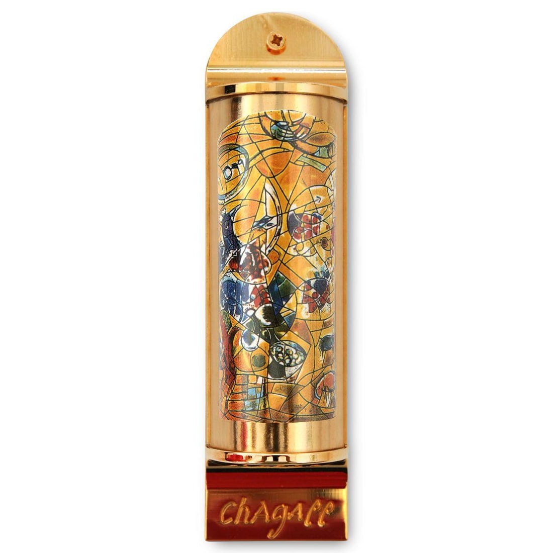 Marc Chagall- Mezuzah/ Silkscreen on 24K gold plated bronze "Joseph": Artist: Marc Chagall. Medium: Mezuzah/ Silkscreen on 24K gold plated bronze. Title: Joseph. Size: 5.1" x 1.4". Certificate of Authenticity: Is included. Additional: Limited edition of 1800. Full color