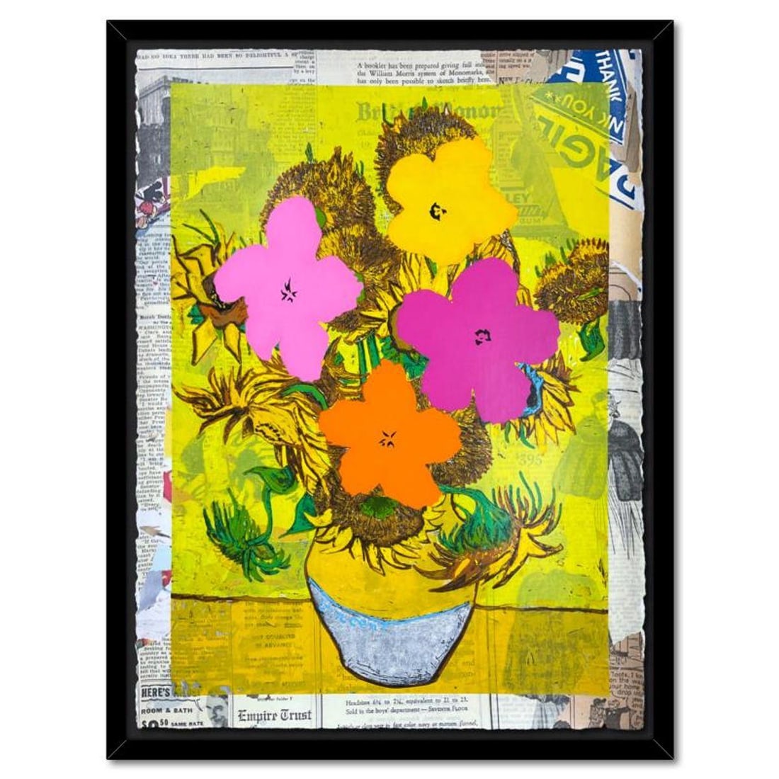Mr. Brainwash, "Flower and Sun" Framed Unique (UNIQ) Mixed Media, Hand Signed with Certificate of: Flower and Sun is a unique (UNIQ) mixed media on deckle edge paper by Mr. Brainwash, hand signed and bearing the thumbprint of the artist inverso. This piece comes custom framed. Includes Certificate