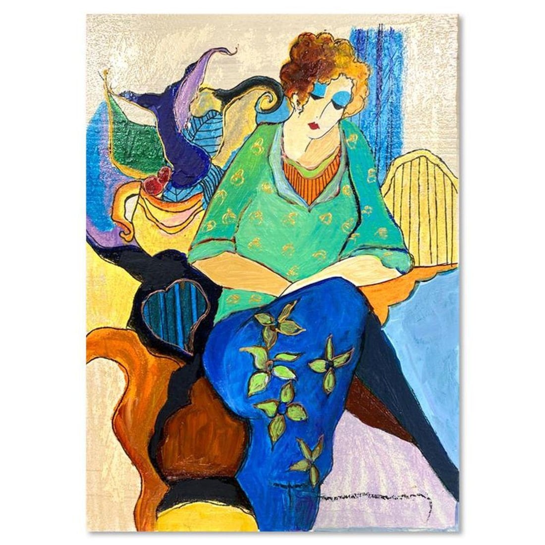 Itzchak Tarkay (1935-2012), "Waiting" One-of-a-Kind Mixed Media Over Paint on Wood, Hand Signed with (1 of 2)