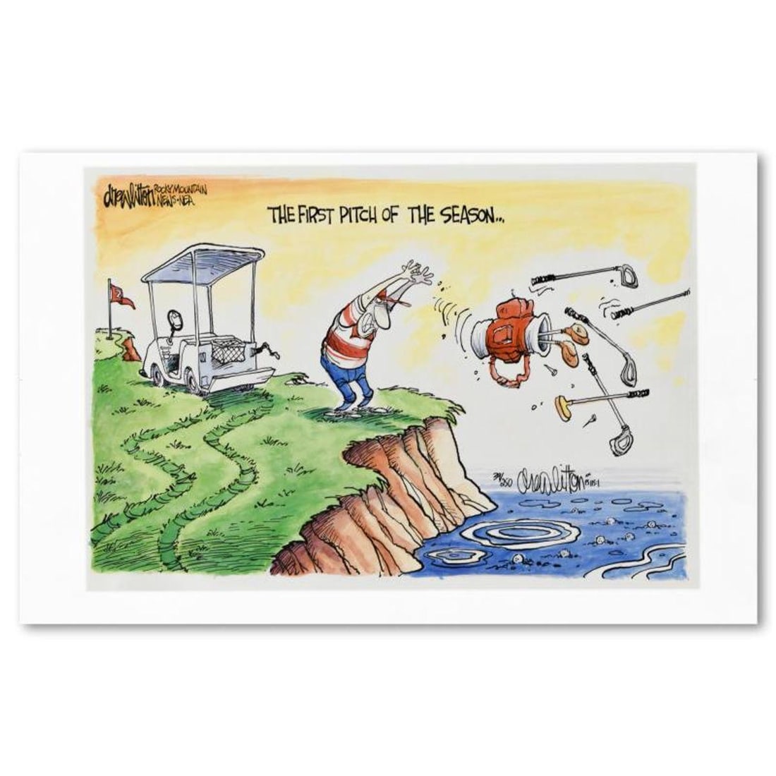 Drew Litton, "The First Pitch of the Season" Limited Edition Lithograph, Numbered and Hand Signed: The First Pitch of the Season is a limited edition lithograph on paper by cartoonist, Drew Litton, numbered and hand signed by the artist. Includes Letter of Authenticity. Measures approx. 17.5" x 11"