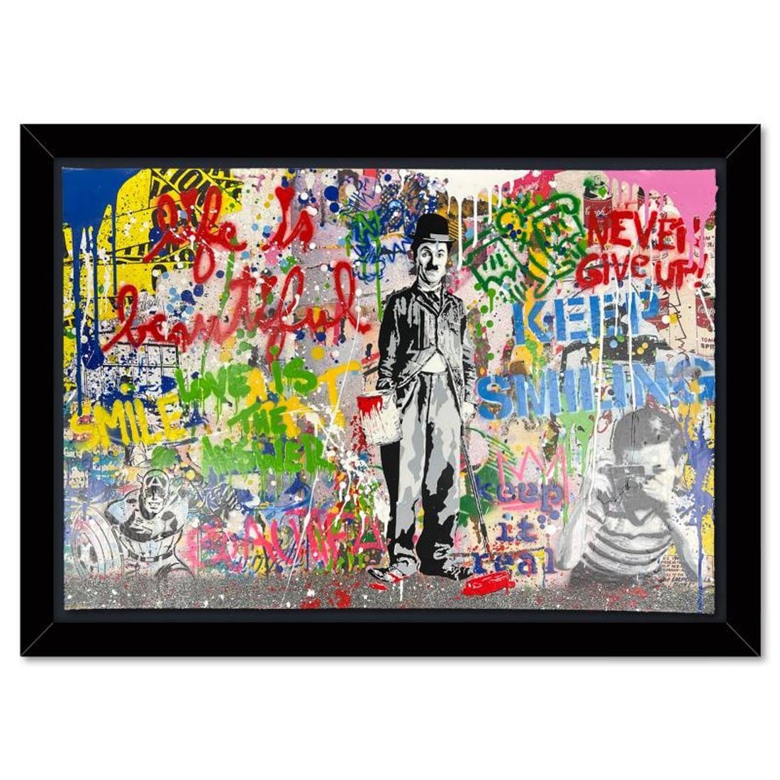 Mr. Brainwash, "Chaplin" Framed Mixed Media Original, Hand Signed with Certificate of Authenticity.: Chaplin is a mixed media original on deckle edge paper by Mr. Brainwash, hand signed inverso and bearing the thumbprint of the artist. This piece comes custom framed. Includes Certificate of Authentic