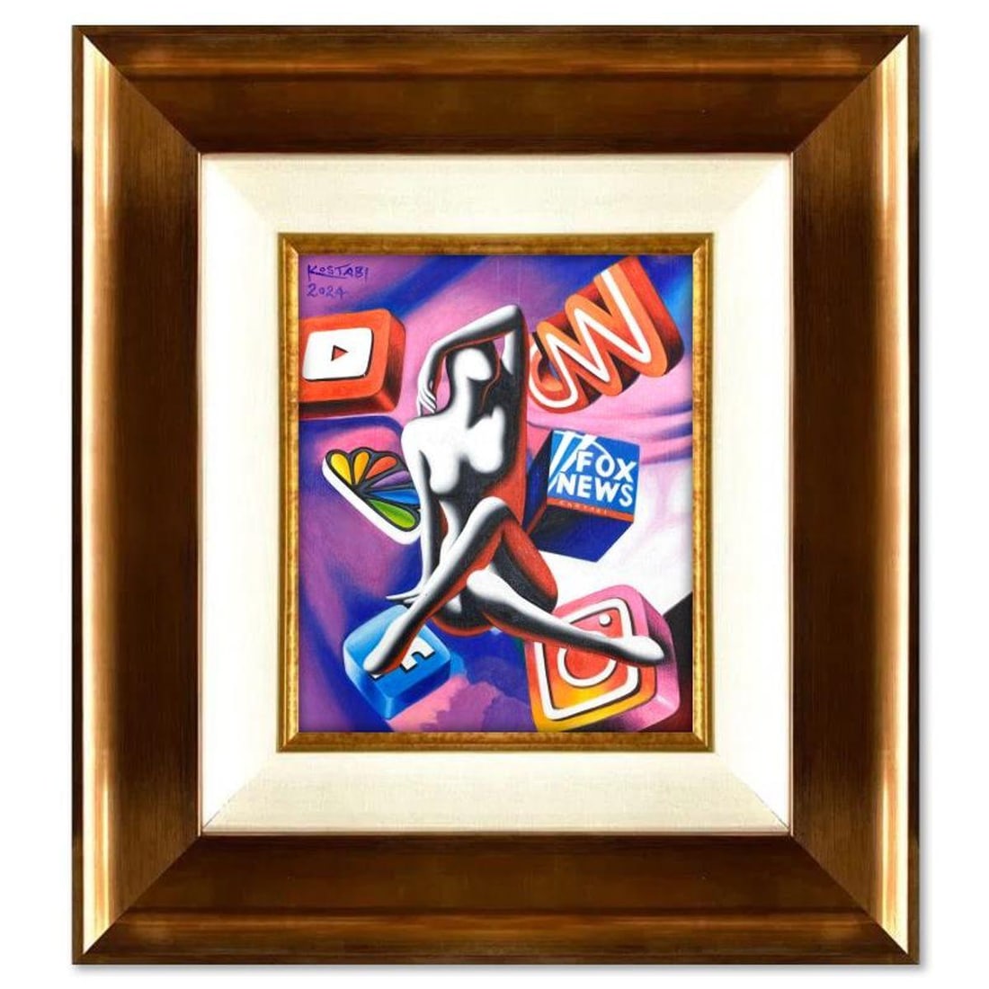 Mark Kostabi, "Rita's World" Framed Original Oil Painting on Canvas, Hand Signed with a Certificate: Rita's Worldis an original oil painting on canvas by Mark Kostabi, hand signed by the artist. This piece comes custom framed. Includes Certificate of Authenticity. Measures approx. 22" x 20" (frame),