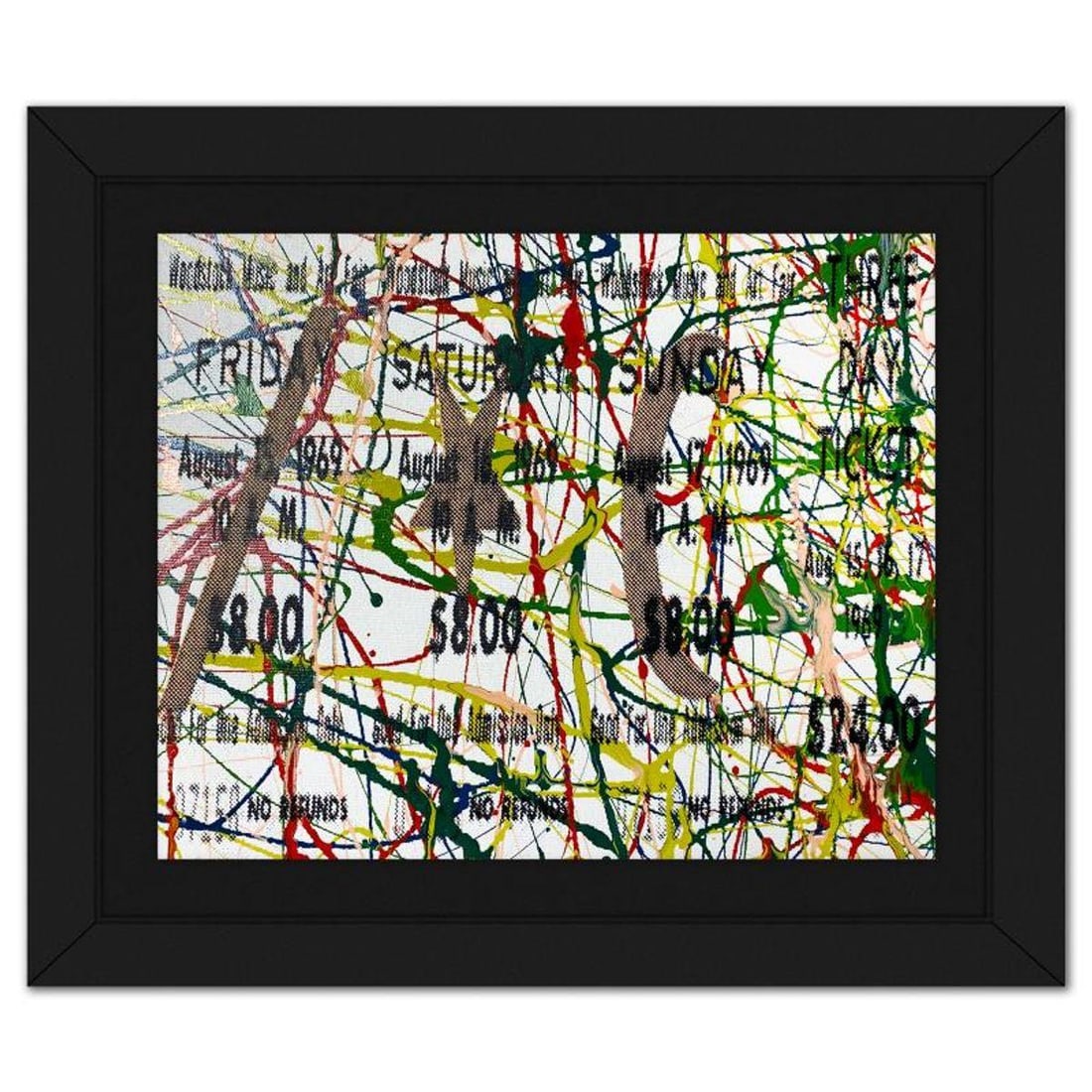 Steve Kaufman (1960-2010), "Woodstock Ticket" Framed Hand Embellished Limited Edition Silscreen,: Woodstock Ticket is a hand embellished limited edition silkscreen on canvas by Andy Warhol protege, Steve Kaufman (1960-2010), numbered 16/50 inverso and hand signed by the artist. This piece comes cu