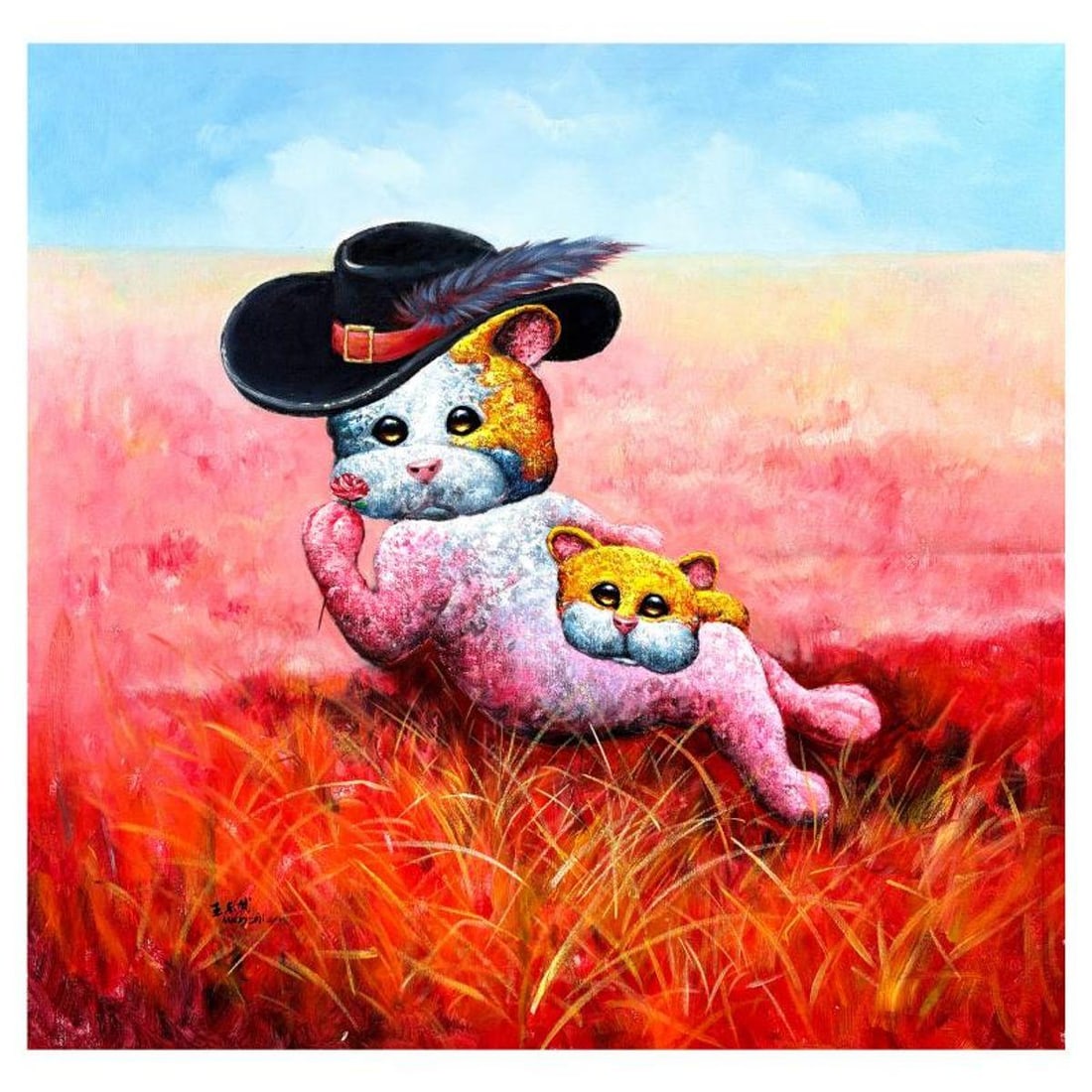 Wang, "A Rose's Lesson" Original Mixed Media Painting on Canvas, Hand Signed with Letter of (1 of 2)