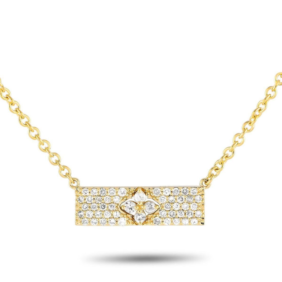 14K YELLOW GOLD 0.55CT DIAMOND NECKLACE: This 14K Yellow Gold necklace is undeniably opulent. At the center of the 15 chain, youll find a rectangular pendant measuring 0.25 long by 0.75 wide. Diamonds with a total weight of 0.55 carats