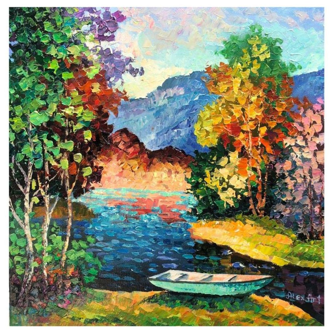 Alexander Antanenka, "Splashes Of Autumn" Original Painting on Canvas, Hand Signed with Letter of: Splashes Of Autumn is an original oil painting on stretched canvas by Alexander Antanenka. Hand signed by the artist, the piece comes with a letter of authenticity. Measures approximately 20" x 20" (i